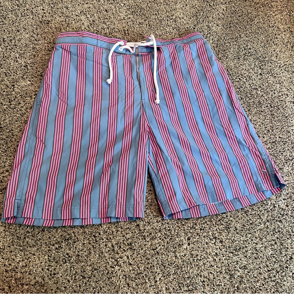 Men’s Taylorbyrd swim trunks in size large with pink, blue and green stripes